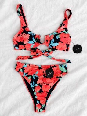 Lulus Floral Bikini Set Coral Pink Black Tropical Tie Back NWT M/L